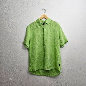 Slim fit green linen button up shirt